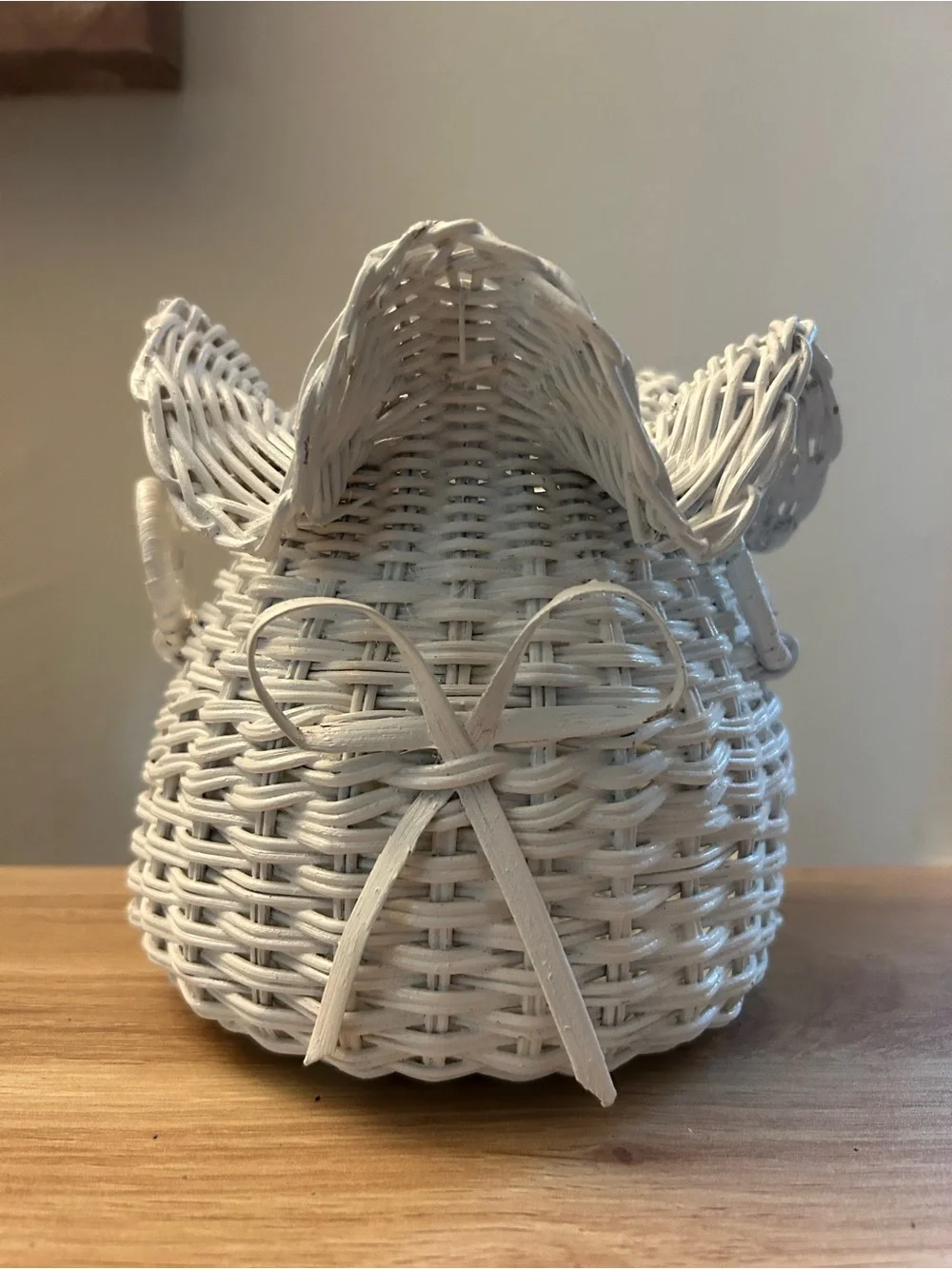 Vintage Handwoven White Wicker Basket with Bow Accent